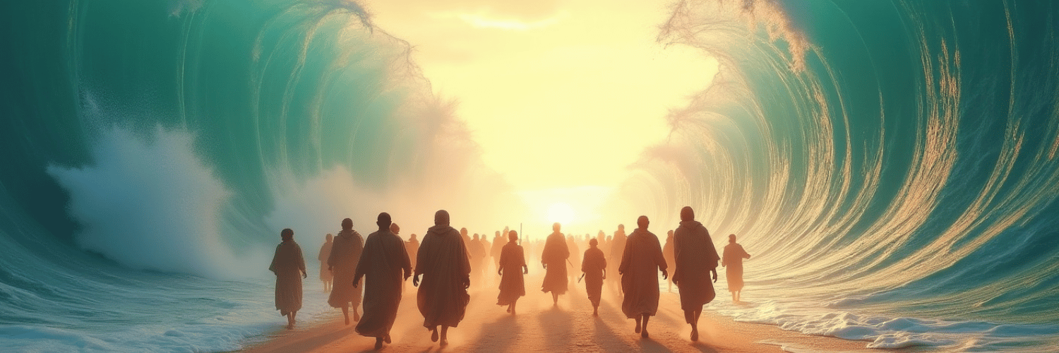 Day of Ashura hero image: families sprint along a sunlit path between towering water walls, fleeing Pharaoh’s pursuit.