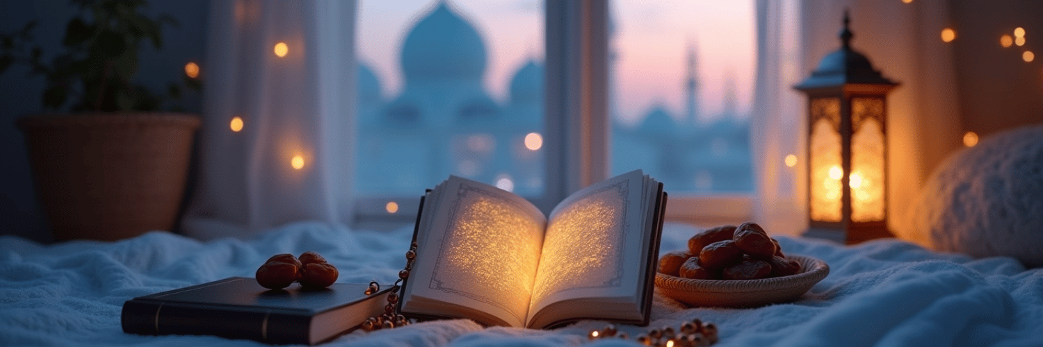 Peaceful scene featuring an illuminated Islamic calendar highlighting the first ten days of Dhul Hijjah, surrounded by Qur'an, tasbih, dates, and lantern, symbolizing spiritual reflection and worship.