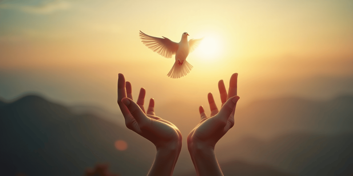 Hands releasing a white dove at sunrise over mountains, symbolising inner peace, freedom, and spiritual liberation through belief in the oneness of Allah (Tawhid)