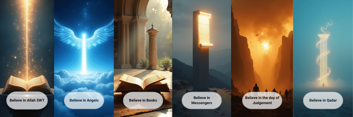 Six artistic panels illustrating the pillars of Iman: a glowing book and light for belief in Allah, a pillar with angelic wings for belief in angels, open books in sunlight for belief in revealed books, a radiant scroll for belief in messengers, people witnessing a dramatic sky for belief in the Day of Judgement, and a luminous spiral pillar for belief in Qadar.