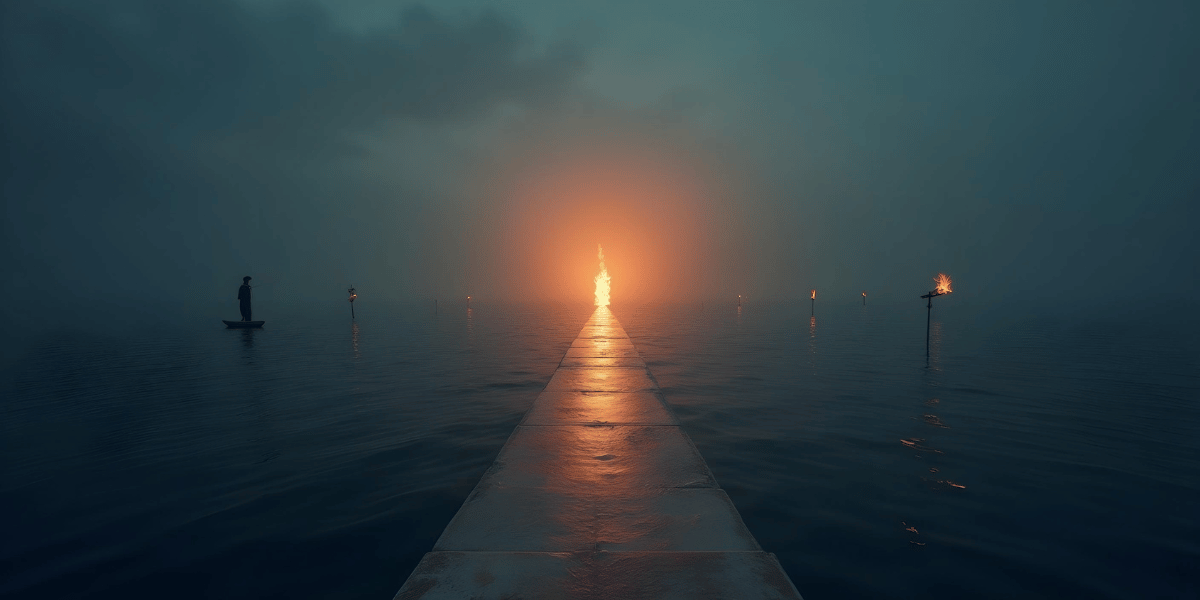 Minimal image of parted sea, lighted path for Tawhid, flames above idols showing the danger of Shirk
