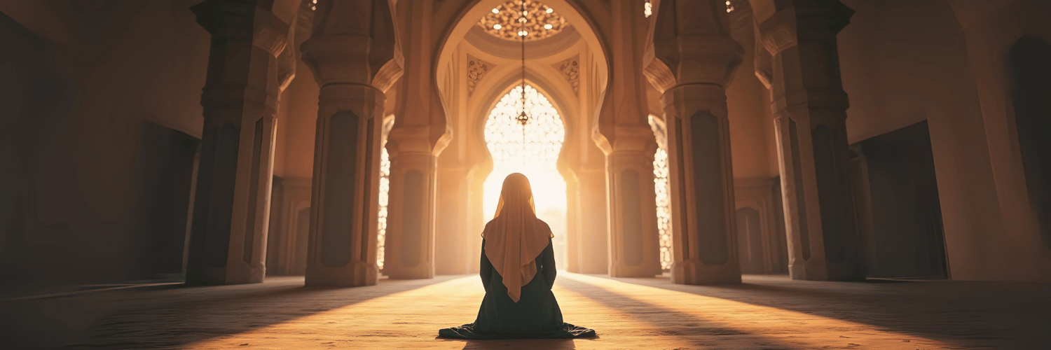 Muslim woman praying alone in a sunlit mosque, reflecting belief in the oneness of Allah (Tawhid)